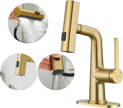 Mopo Brushed Gold Waterfall Bathroom Faucet with Pull Down Sprayer and Sink Drain Set