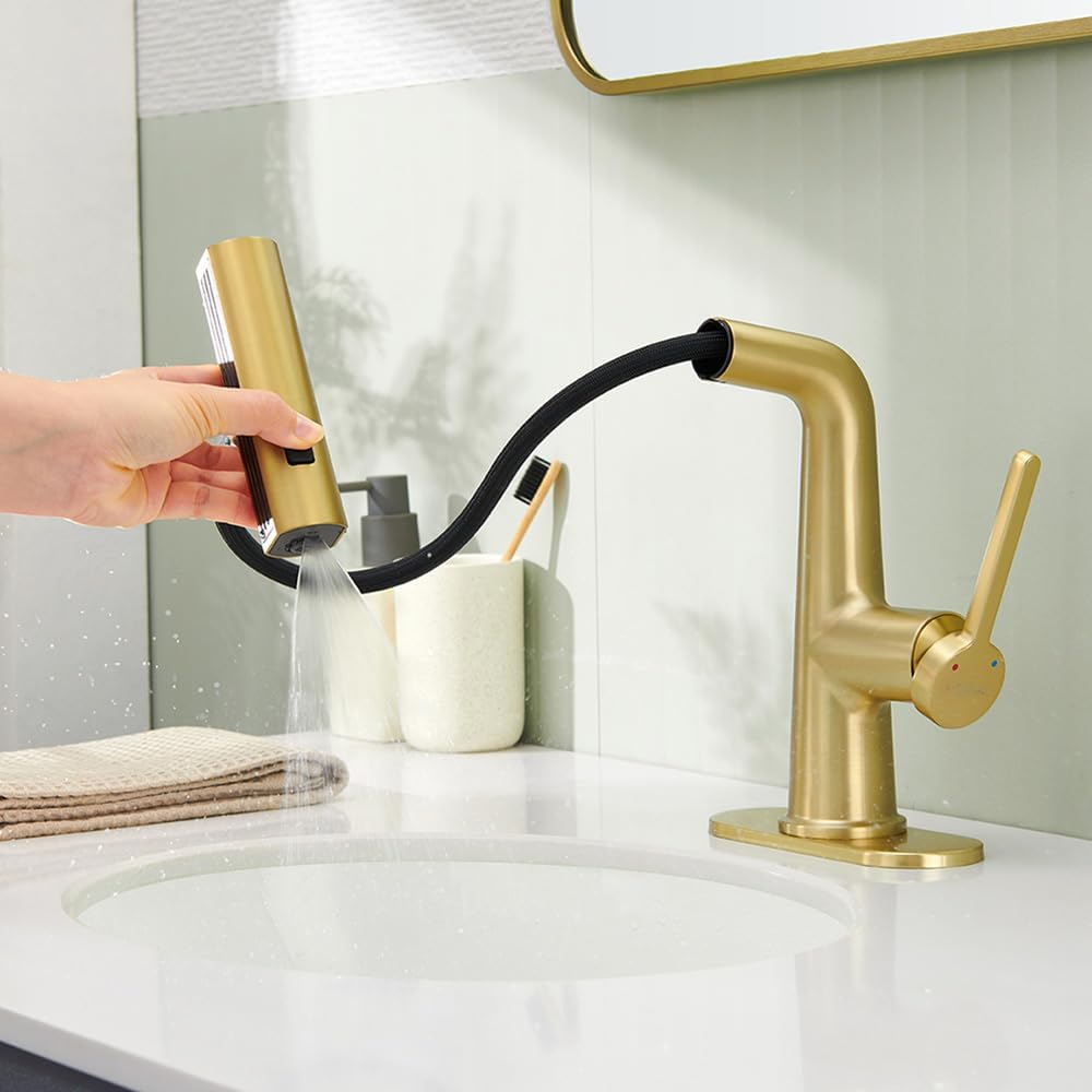 Mopo Brushed Gold Waterfall Bathroom Faucet with Pull Down Sprayer and Sink Drain Set