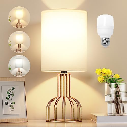 VENETIO Beside Table Lamp for Bedroom - Small Lamp with 3 Color Modes-3000K-4000K-5000K Nightstand Lamp with Simple Black Metal Base and White Fabric Shade for Kids, Living Room，Bedroom (LED Bulb Included) ➡ B-00008