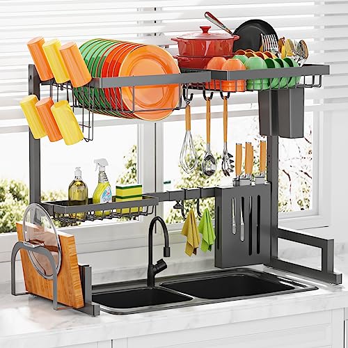 VENETIO White Over The Sink Dish Drying Rack - Adjustable (29.5-35.5in) Drying Rack w/Large Capacity, Space-Saving Dish Rack for Kitchen Counter, 2-Tier Dish Drying Rack, Premium Stainless Steel ➡ SO-00039