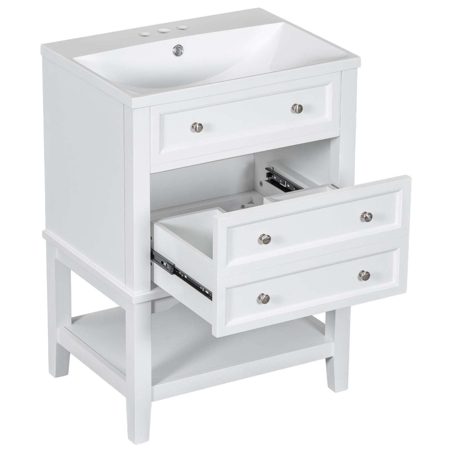 24" White Bathroom Vanity with Single Sink Free-standing Drawer and Open Shelf