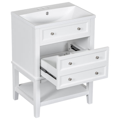 24" White Bathroom Vanity with Single Sink Free-standing Drawer and Open Shelf