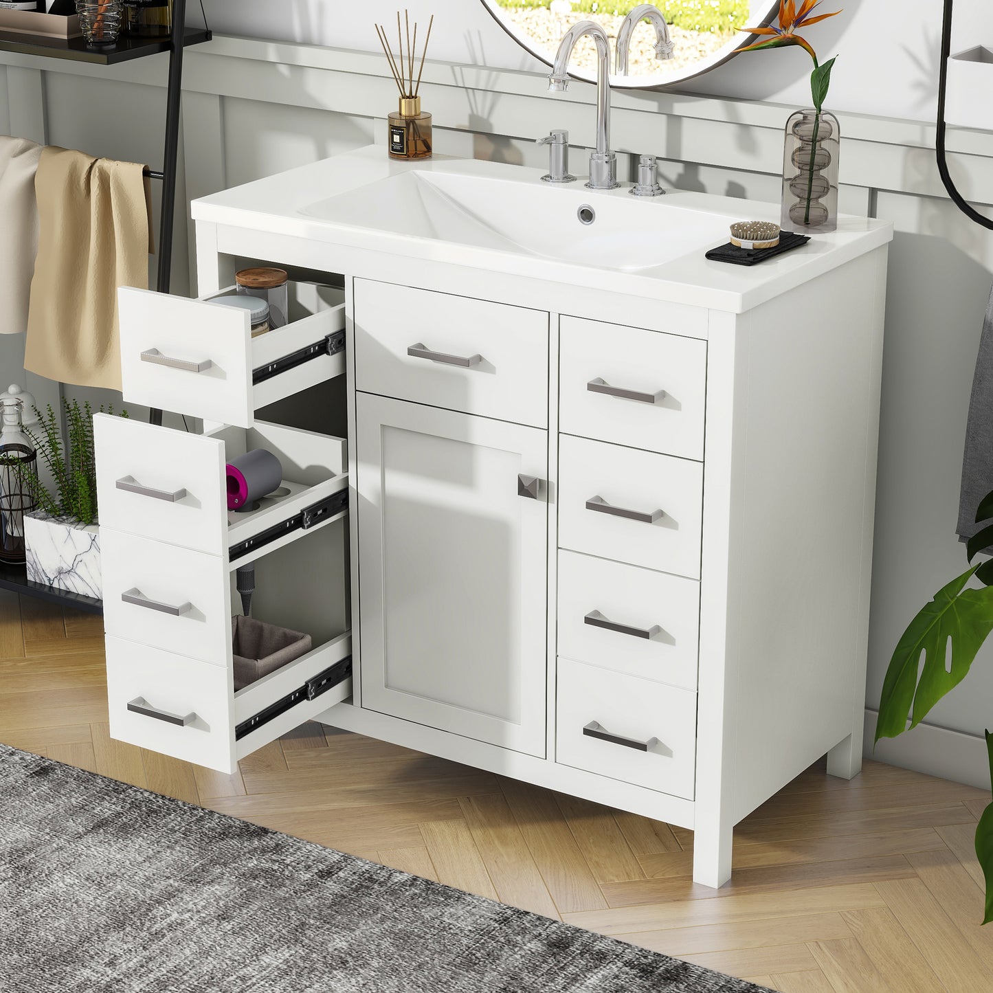 36" White Bathroom Vanity with Multifunctional Storage Space Freestanding