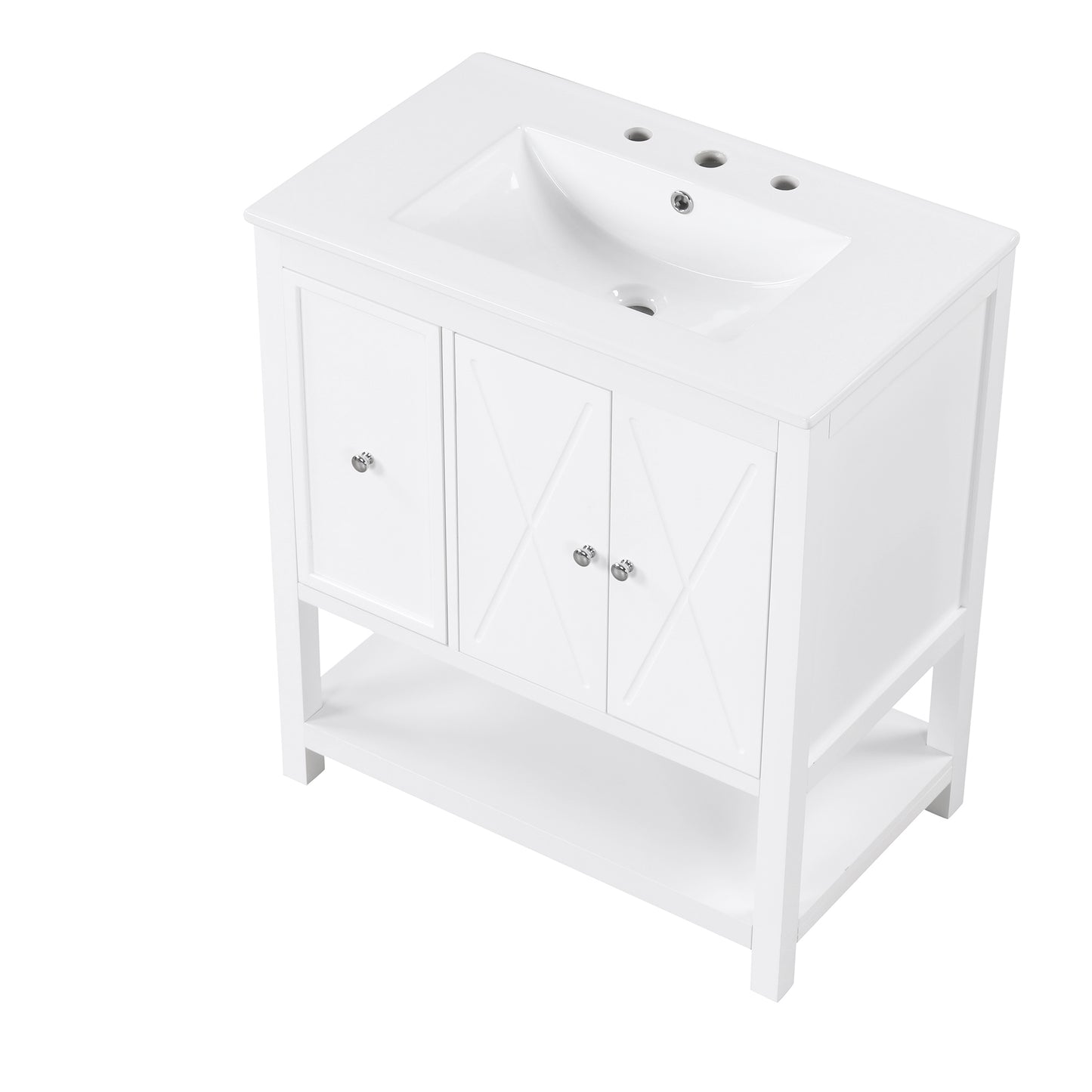 30" White Bathroom Vanity with Sink Top Freestanding Two Doors One Drawer