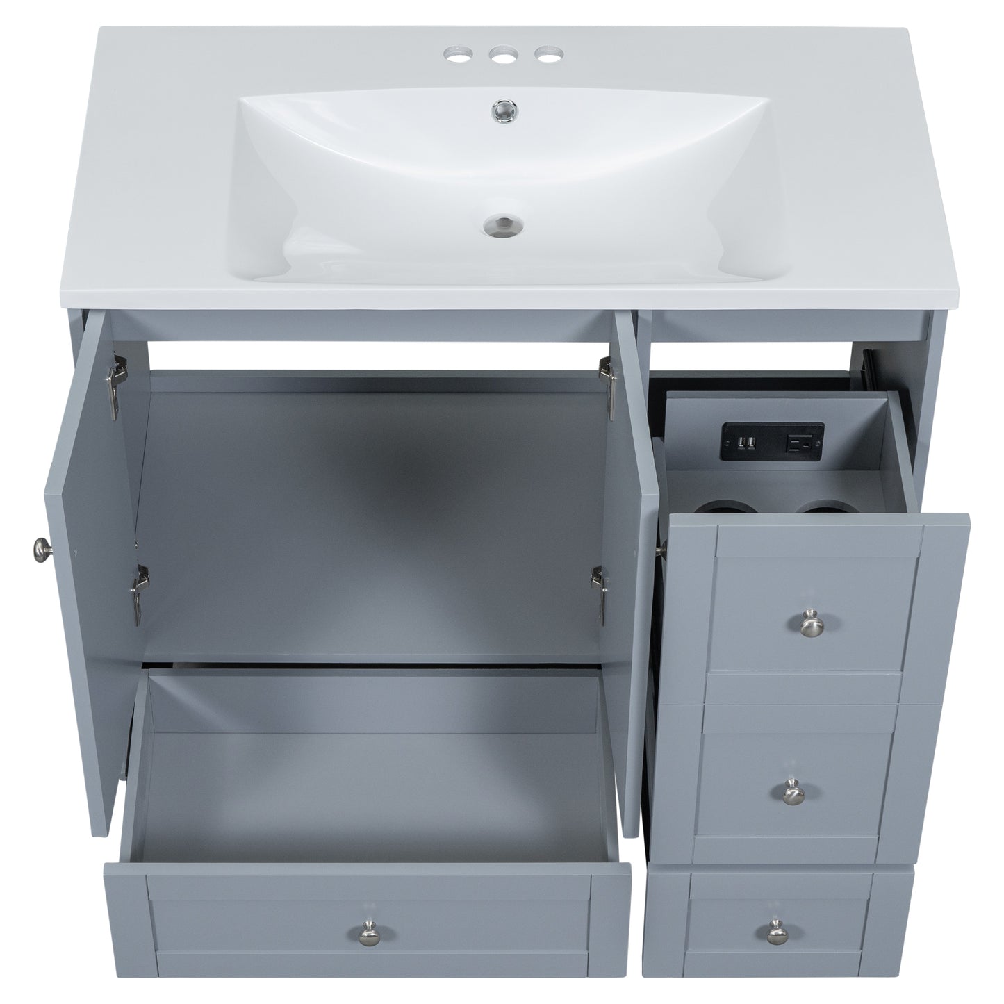 36" White & Gray Blue Bathroom Vanity with USB Charging Freestanding