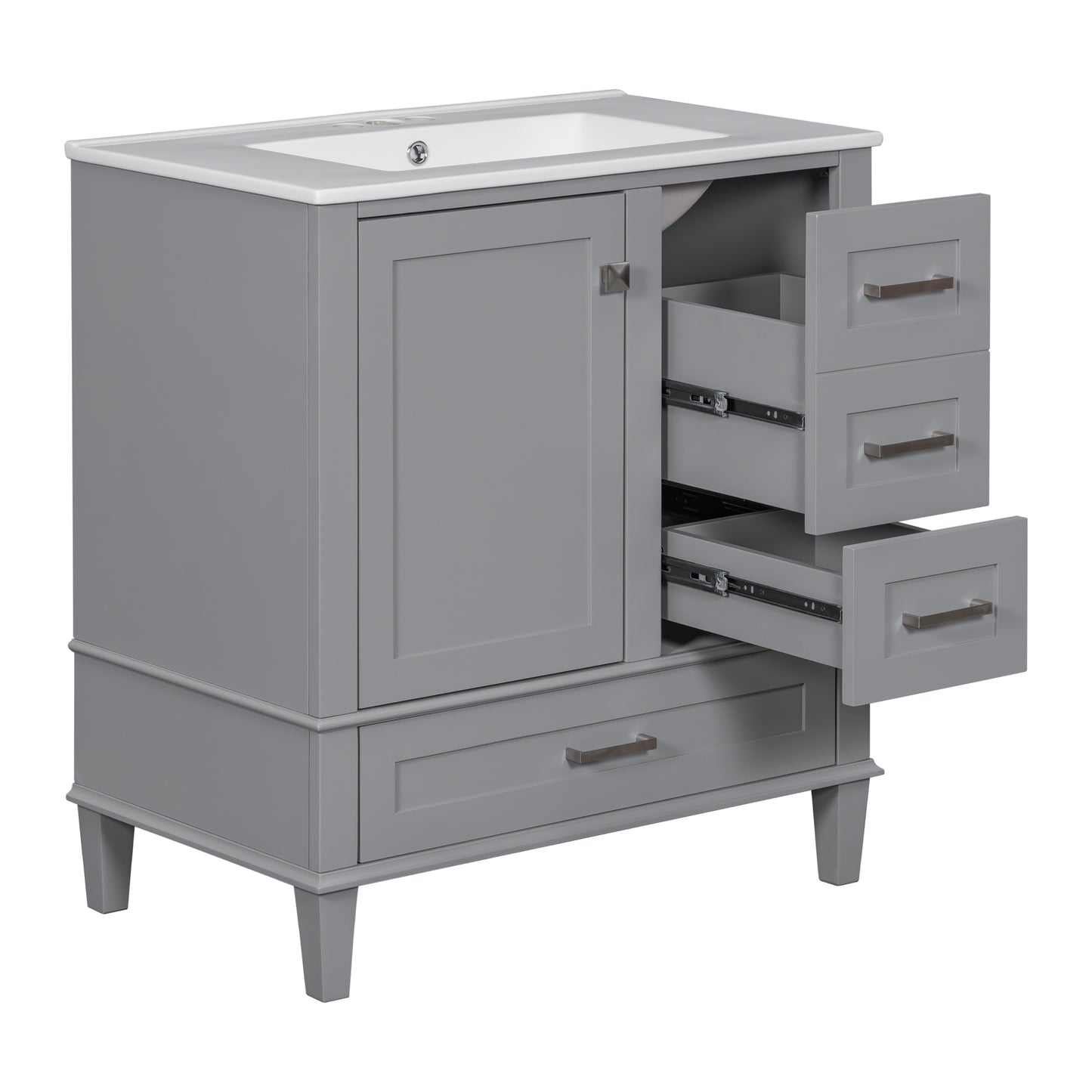 30" Grey Bathroom Vanity with Sink Freestanding Soft Closing Doors and 3 Drawers