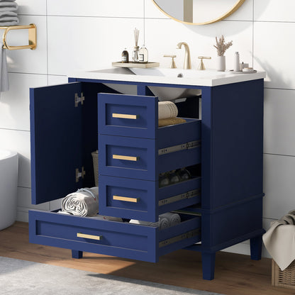 30" Blue Bathroom Vanity with Sink Freestanding Soft Closing Doors and 3 Drawers