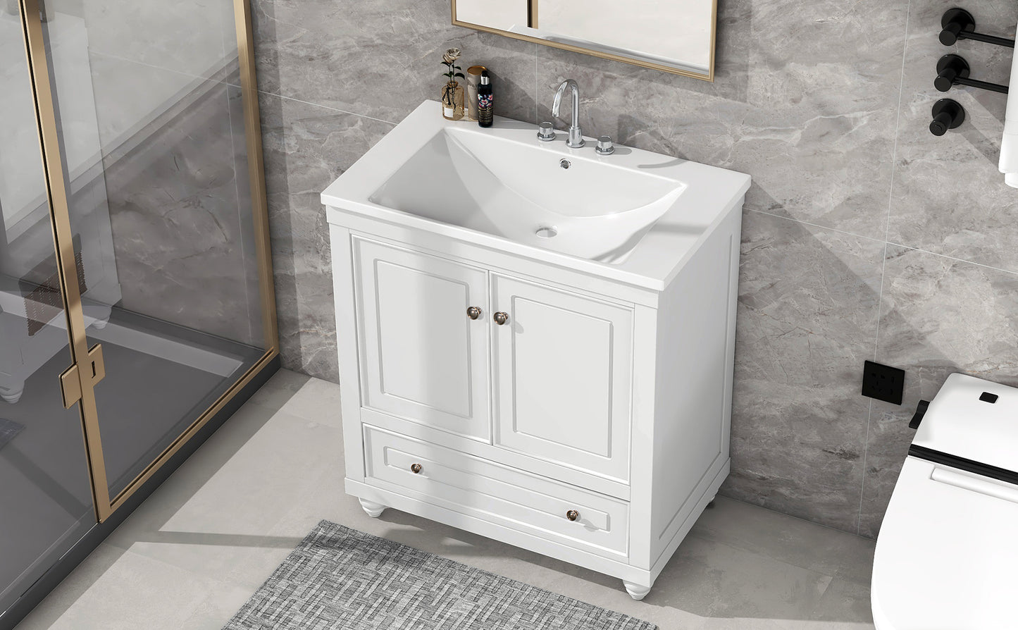 30" White Bathroom Vanity with Sink Freestanding Doors and Drawer