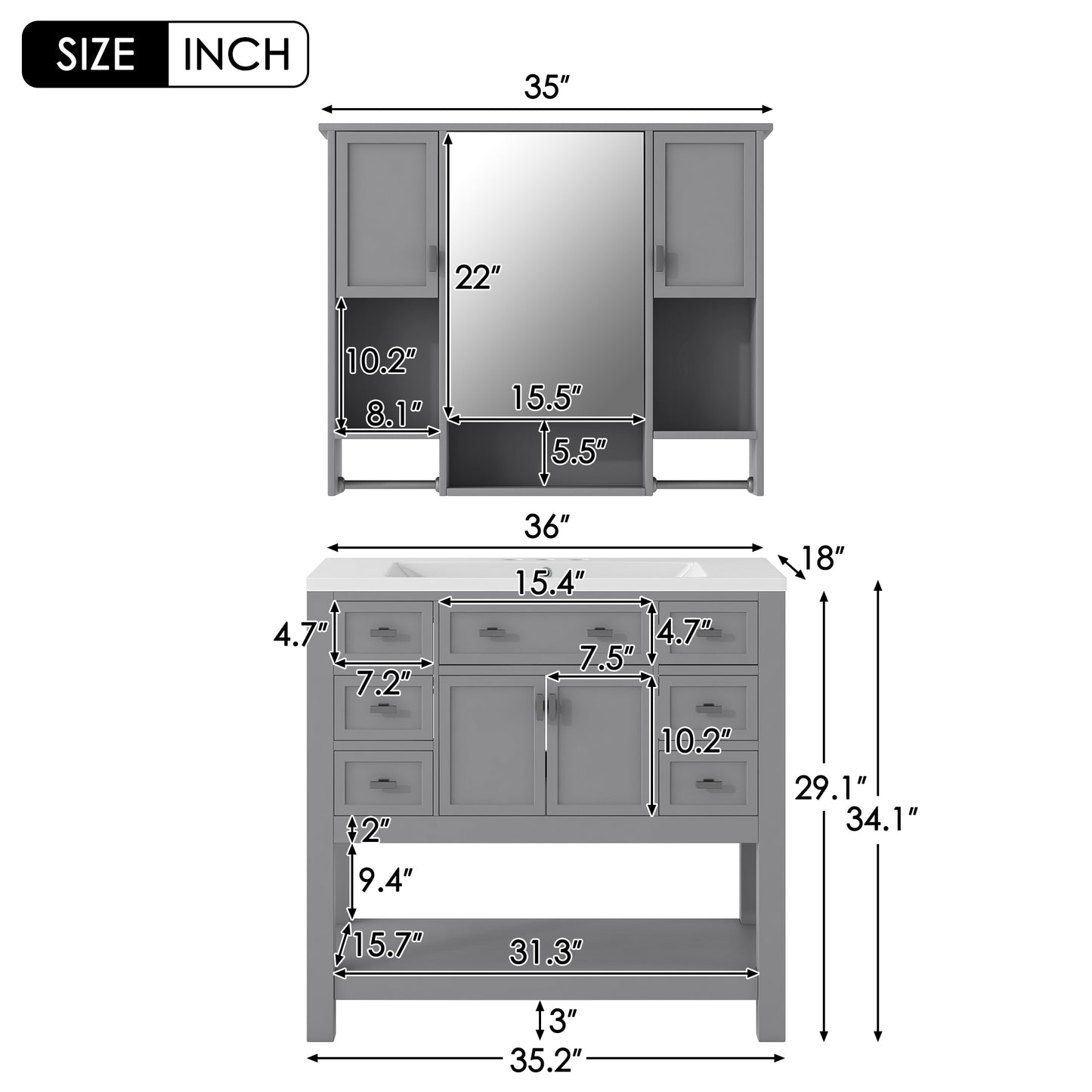 36" Modern Bathroom Vanity with Top Sink and Mirror Cabinet Freestanding