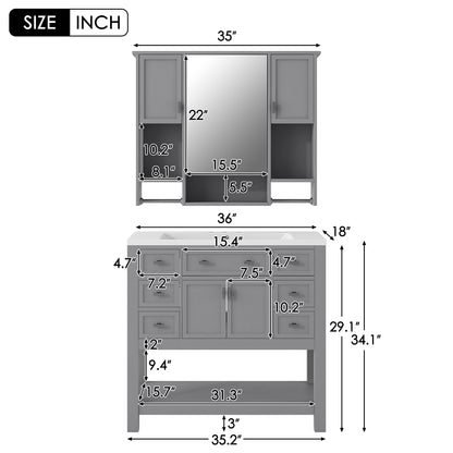 36" Modern Bathroom Vanity with Top Sink and Mirror Cabinet Freestanding