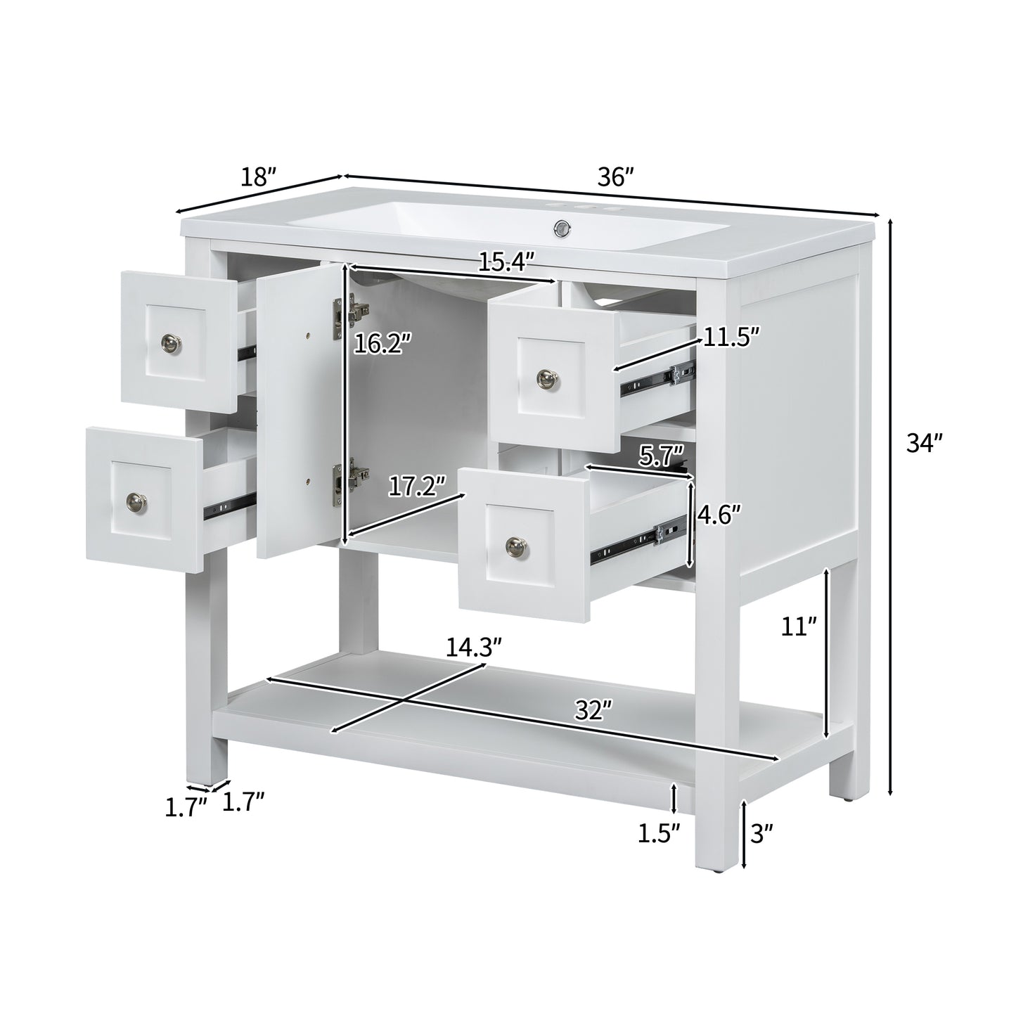 36" Bathroom Vanity with Undermount Sink Freestanding