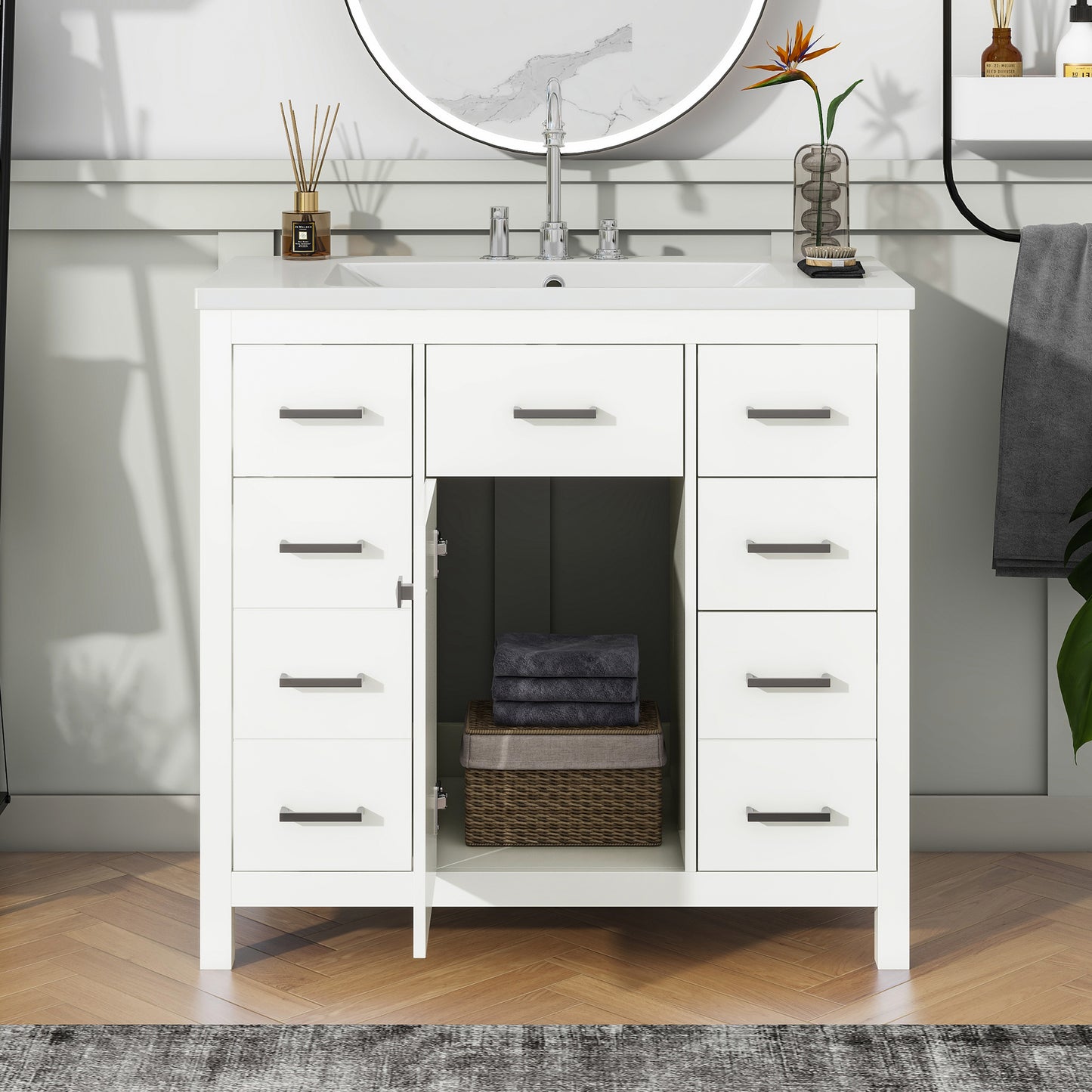 36" White Bathroom Vanity with Multifunctional Storage Space Freestanding