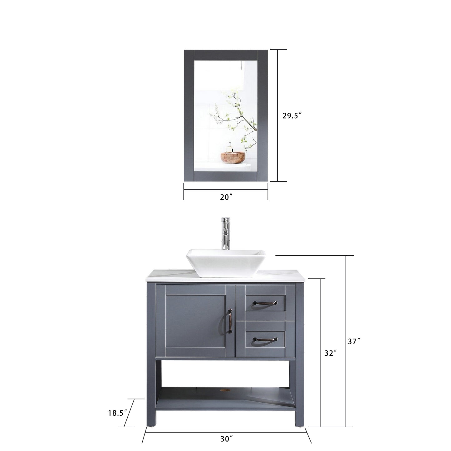 30" Grey Bathroom Vanity with Sink Freestanding Marble Pattern Top