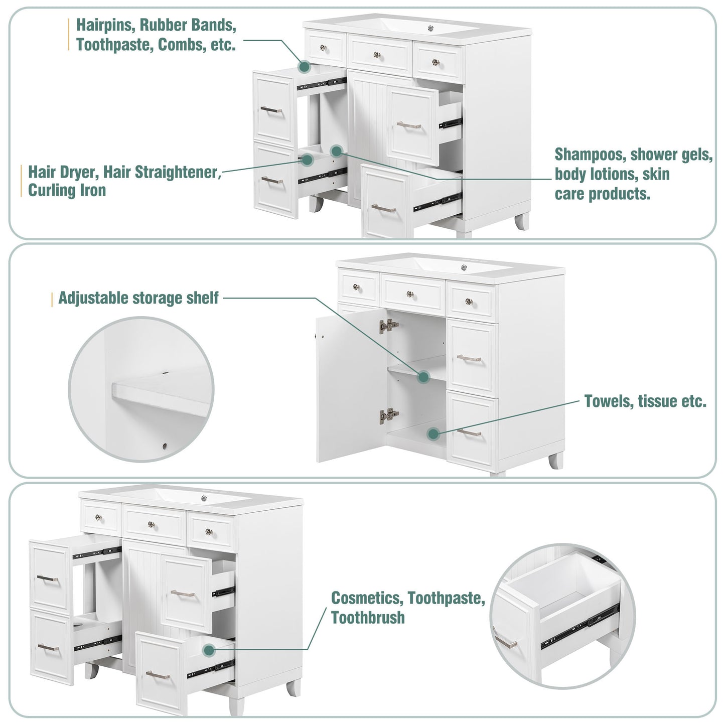 36" White Bathroom Vanity with Sink Top Combo Freestanding