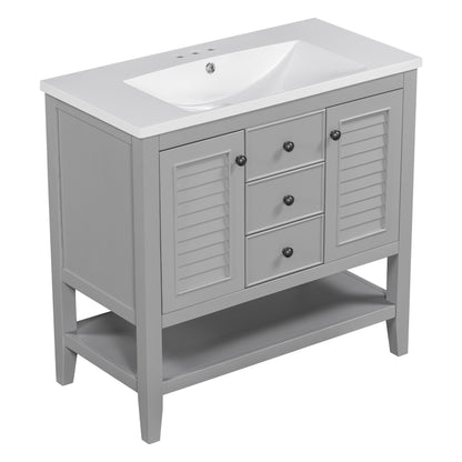 36" Grey Bathroom Vanity with Ceramic Basin Freestanding