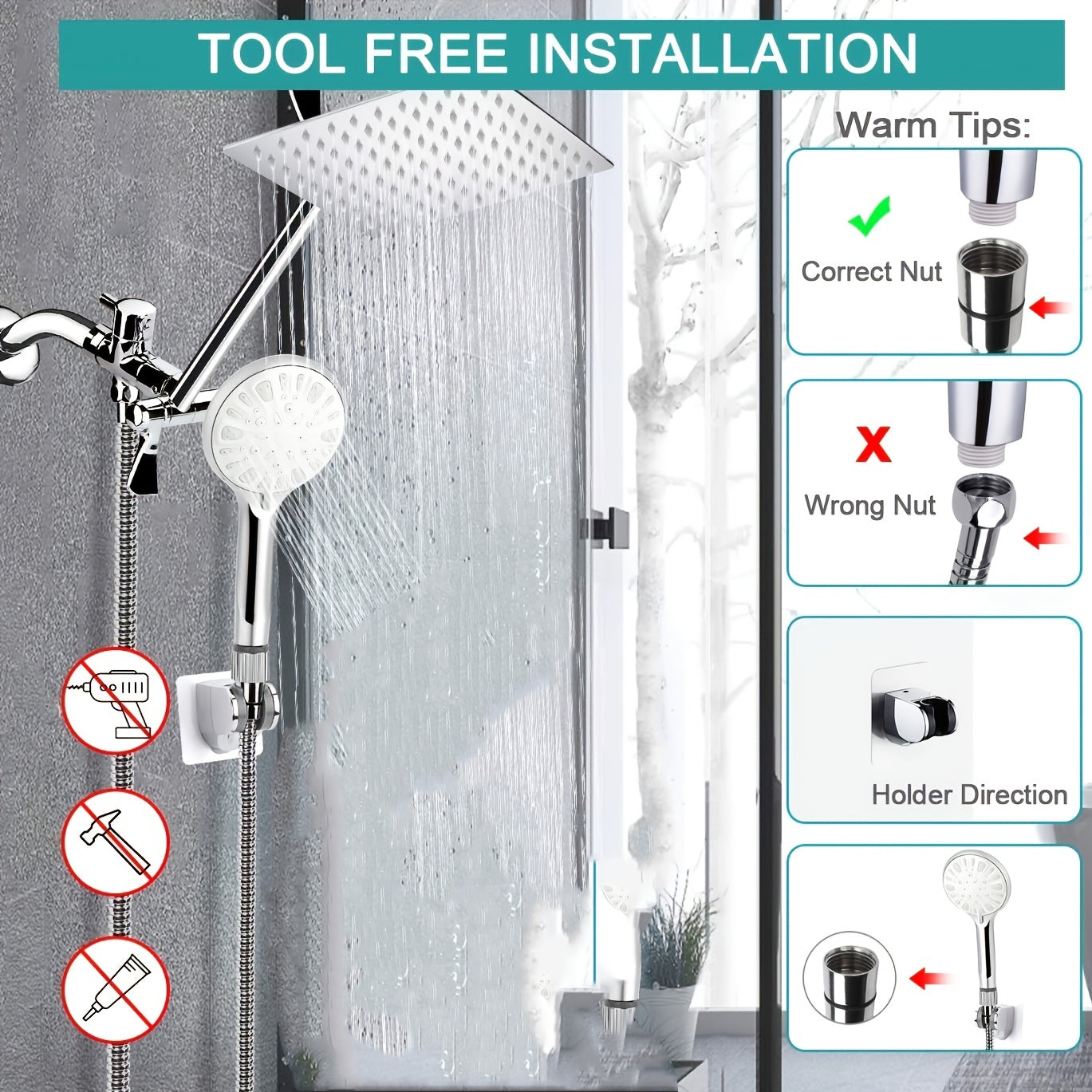 VENETIO 8 High Pressure Rainfall Shower Head & Handheld Combo with 9 Settings, 11 Extension Arm & Adjustable Holder/Hose ➡ BF-00005