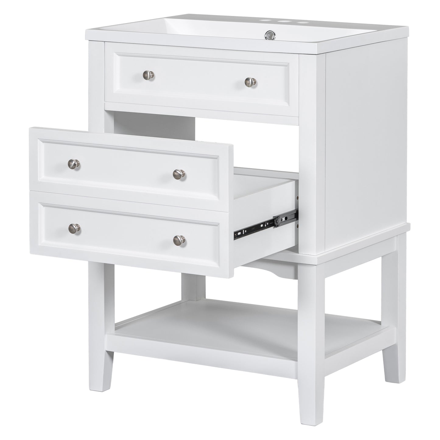 24" White Bathroom Vanity with Single Sink Free-standing Drawer and Open Shelf