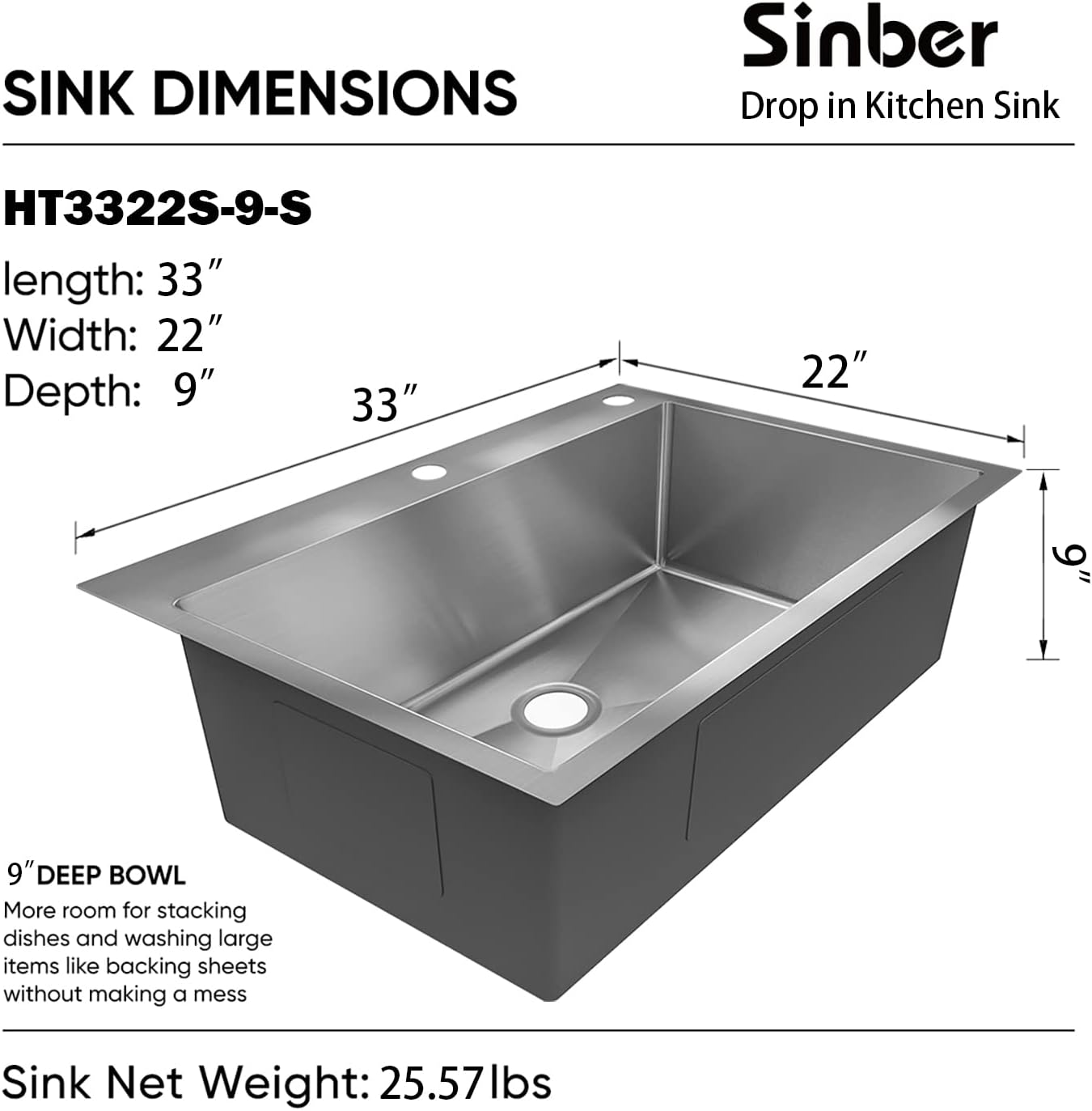 VENETIO 33" x 22" x 9" Drop In Single Bowl Kitchen Sink with 18 Gauge 304 Stainless Steel Satin Finish HT3322S-S-9 (Sink Only) ➡ K-00022