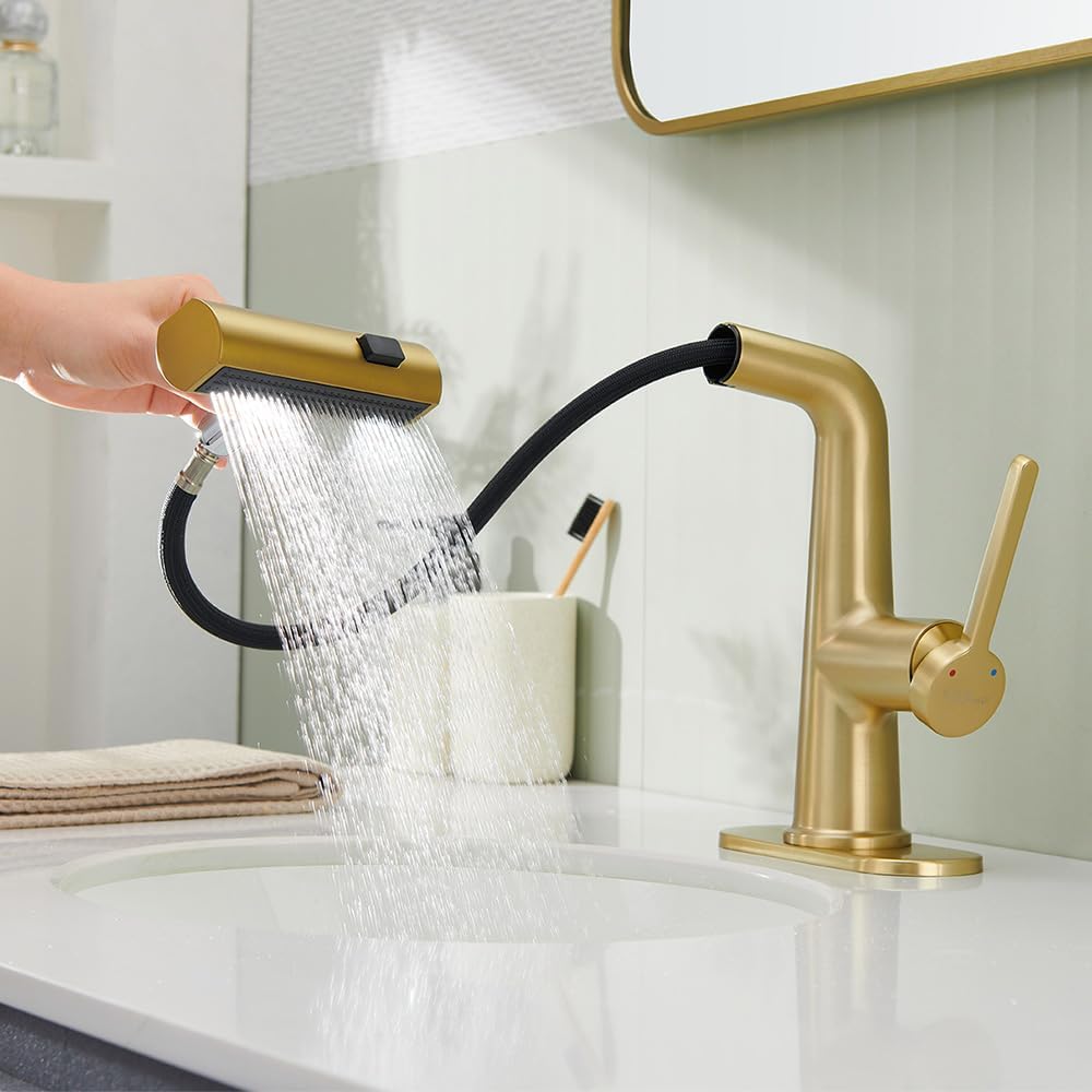 Mopo Brushed Gold Waterfall Bathroom Faucet with Pull Down Sprayer and Sink Drain Set