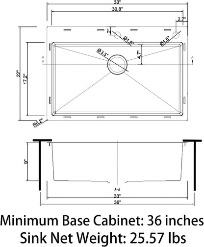 VENETIO 33" x 22" x 9" Drop In Single Bowl Kitchen Sink with 18 Gauge 304 Stainless Steel Satin Finish HT3322S-S-9 (Sink Only) ➡ K-00022