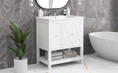 30" White Bathroom Vanity with Sink Top Freestanding Two Doors One Drawer