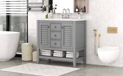 36" Grey Bathroom Vanity with Ceramic Basin Freestanding