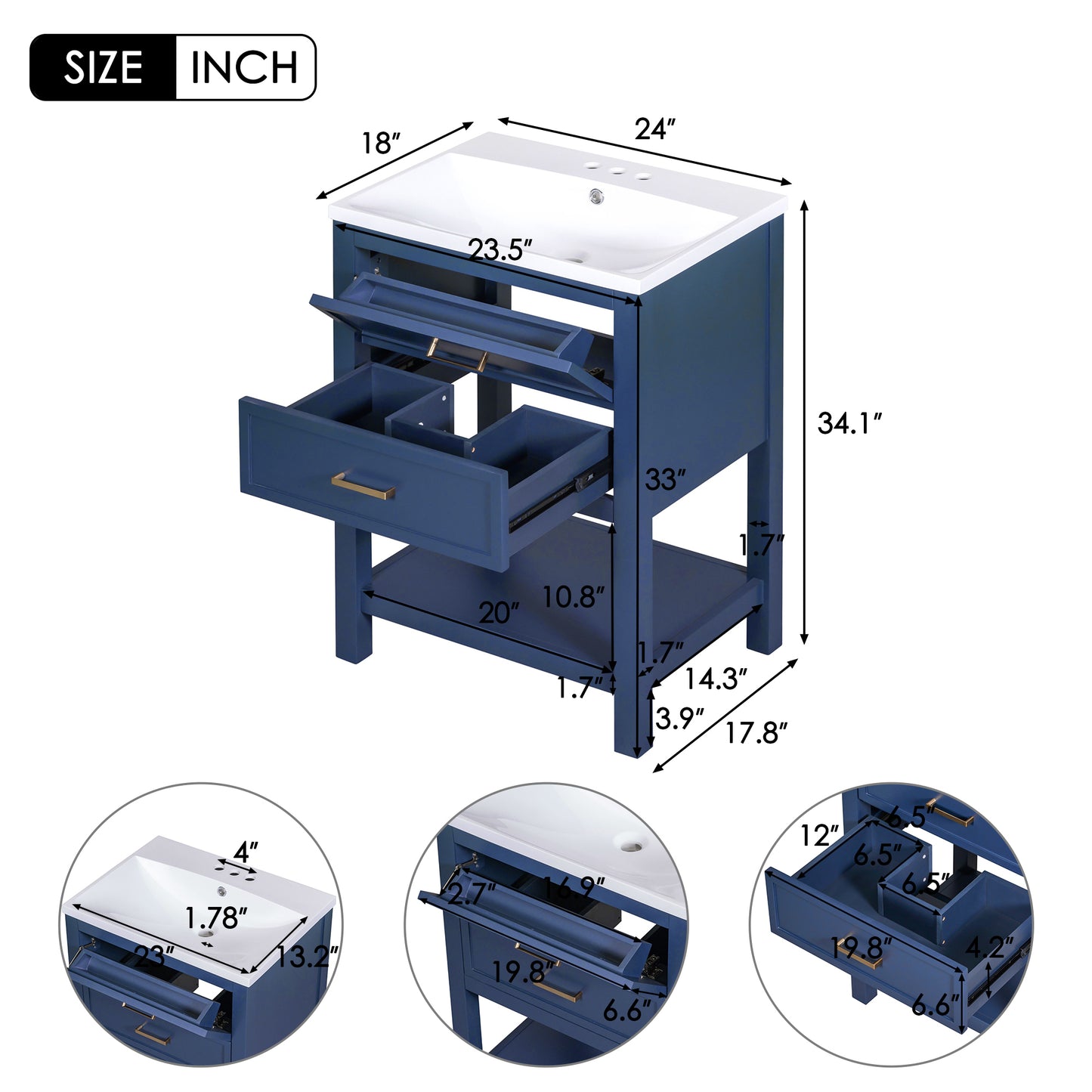 24" Blue Modern Bathroom Vanity with Top Sink Standing 2 Drawers