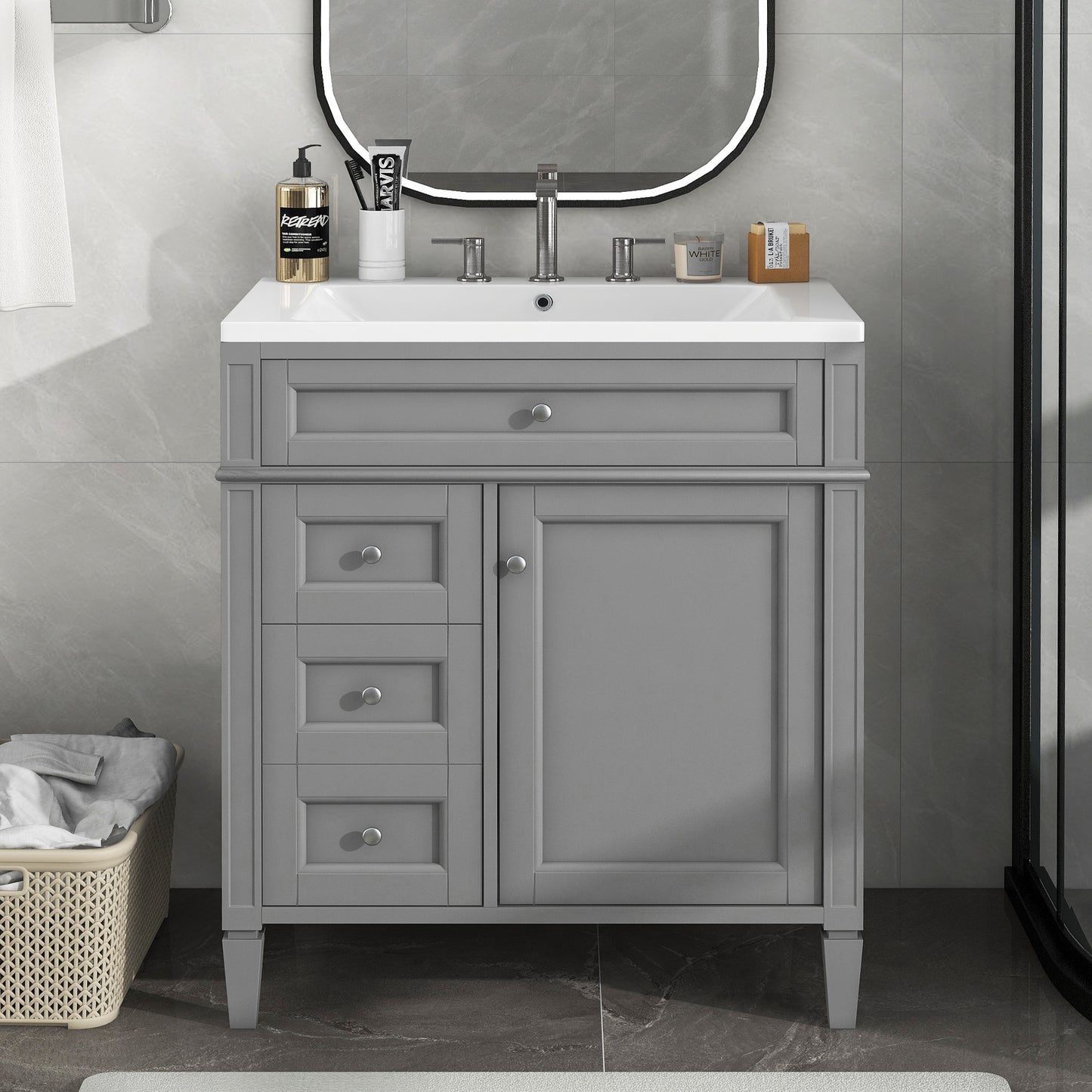 30" Modern Bathroom Vanity with Top Sink Freestanding 2 Drawers and Tip-out Drawer