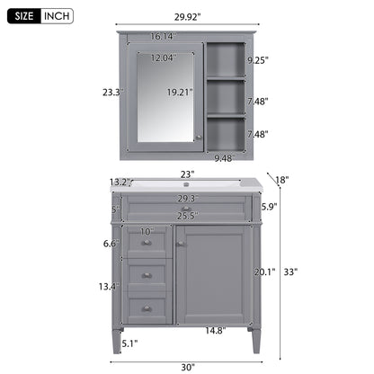 30" Modern Bathroom Vanity with Top Sink Freestanding 2 Drawers and Tip-out Drawer