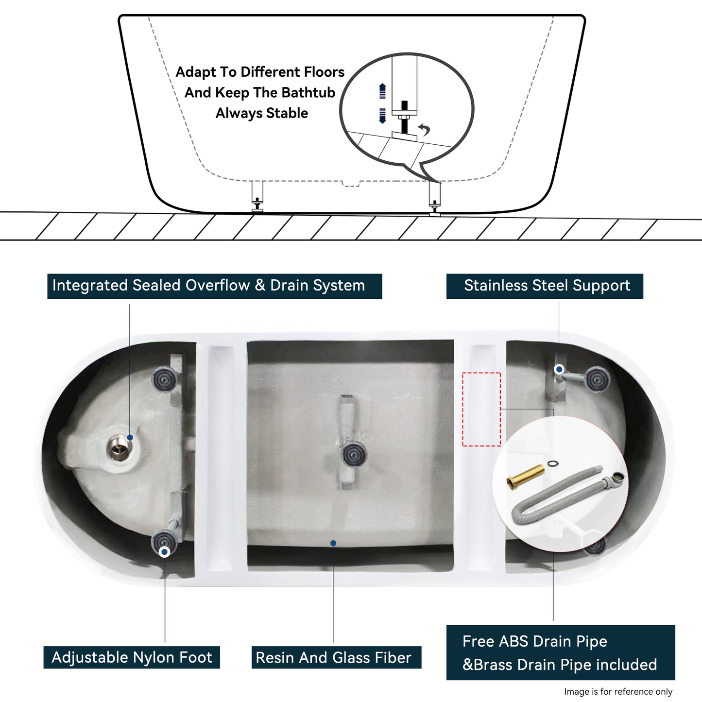 67" Glossy White Acrylic Freestanding Bathtub with Brushed Nickel Drain