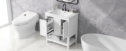 30" White Bathroom Vanity with Sink Top Freestanding Two Doors One Drawer