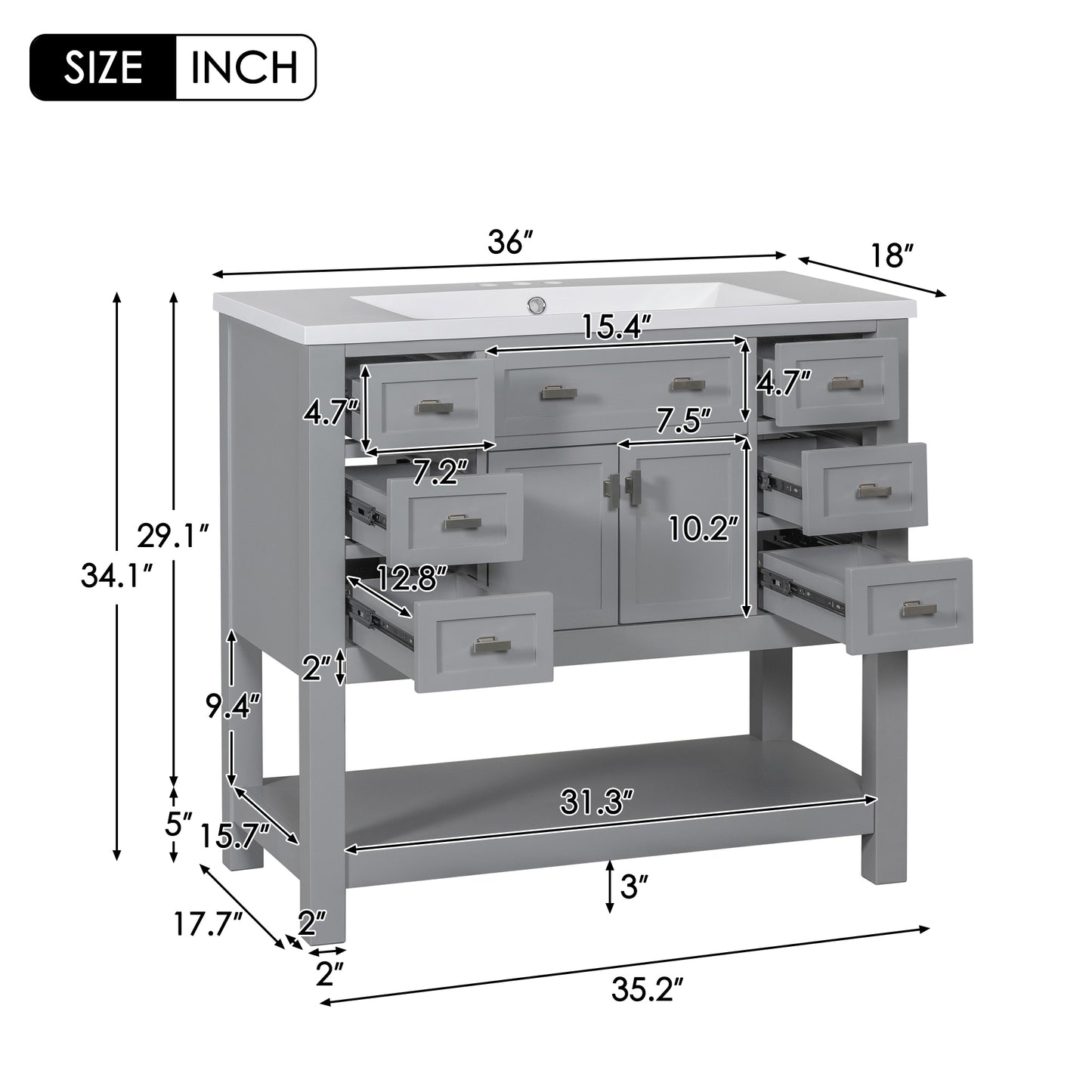 36" Modern Bathroom Vanity with Top Sink Freestanding