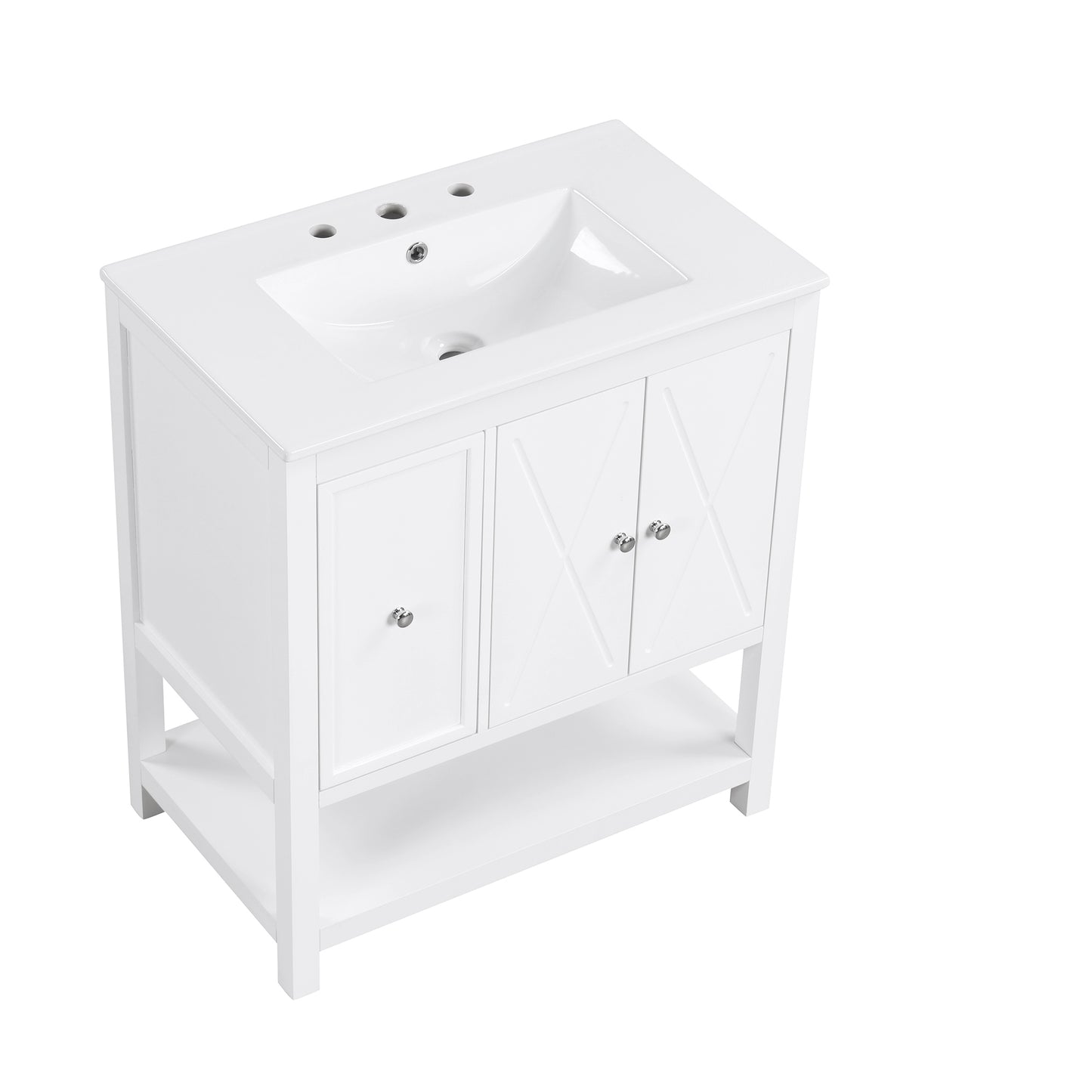 30" White Bathroom Vanity with Sink Top Freestanding Two Doors One Drawer