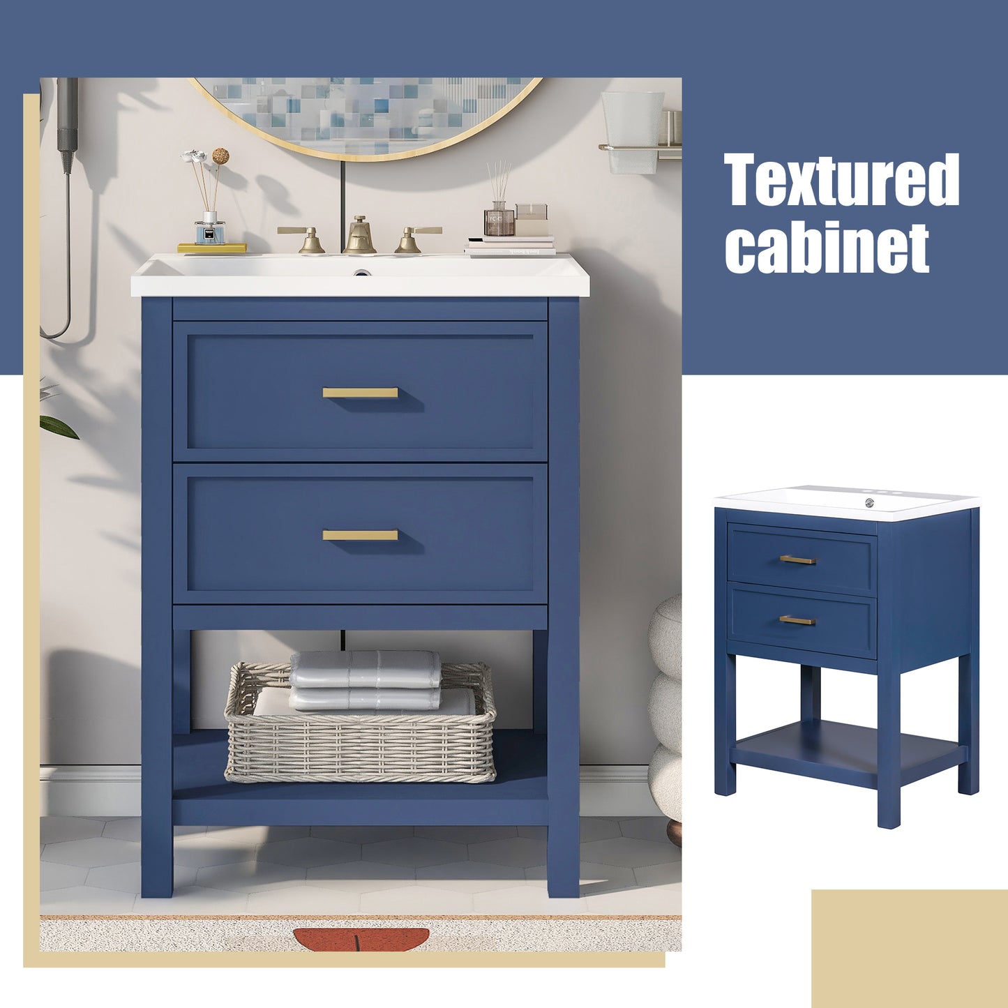 24" Blue Modern Bathroom Vanity with Top Sink Standing 2 Drawers