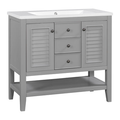 36" Grey Bathroom Vanity with Ceramic Basin Freestanding