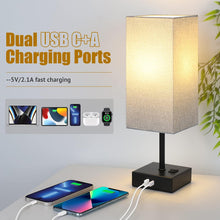 Cargar imagen en el visor de la galería, VENETIO Set of 2 Bedside Table Lamp, Small Nightstand Lamp with 2 USB C+A Charging Ports,Push Button Switch,Gray Fabric Square Lampshade Lamp for Bedroom,Livingroom,Office,Dorm,Home(Bulb not Include) ➡ B-00005