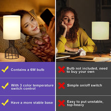 Laden Sie das Bild in den Galerie-Viewer, VENETIO Beside Table Lamp for Bedroom - Small Lamp with 3 Color Modes-3000K-4000K-5000K Nightstand Lamp with Simple Black Metal Base and White Fabric Shade for Kids, Living Room，Bedroom (LED Bulb Included) ➡ B-00008