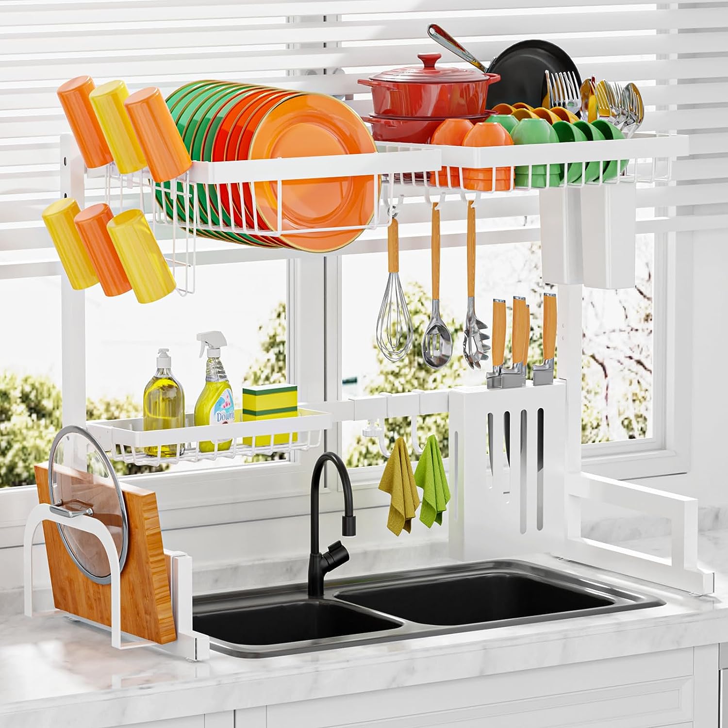 VENETIO White Over The Sink Dish Drying Rack - Adjustable (29.5-35.5in) Drying Rack w/Large Capacity, Space-Saving Dish Rack for Kitchen Counter, 2-Tier Dish Drying Rack, Premium Stainless Steel ➡ SO-00039