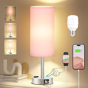 VENETIO Beside Table Lamp for Bedroom Nightstand - 3 Way Dimmable Touch Lamp USB C Charging Ports and AC Outlet, Small Lamp Wood Base Round Flaxen Fabric Shade for Living Room, Office Desk, LED Bulb Included ➡ B-00002