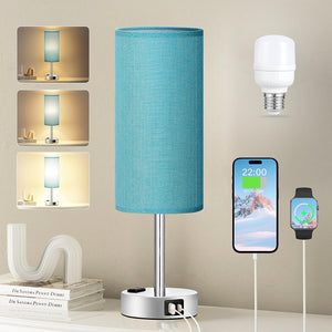 VENETIO Beside Table Lamp for Bedroom Nightstand - 3 Way Dimmable Touch Lamp USB C Charging Ports and AC Outlet, Small Lamp Wood Base Round Flaxen Fabric Shade for Living Room, Office Desk, LED Bulb Included ➡ B-00002