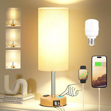 Cargar imagen en el visor de la galería, VENETIO Beside Table Lamp for Bedroom Nightstand - 3 Way Dimmable Touch Lamp USB C Charging Ports and AC Outlet, Small Lamp Wood Base Round Flaxen Fabric Shade for Living Room, Office Desk, LED Bulb Included ➡ B-00002
