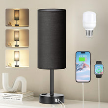 Cargar imagen en el visor de la galería, VENETIO Beside Table Lamp for Bedroom Nightstand - 3 Way Dimmable Touch Lamp USB C Charging Ports and AC Outlet, Small Lamp Wood Base Round Flaxen Fabric Shade for Living Room, Office Desk, LED Bulb Included ➡ B-00002
