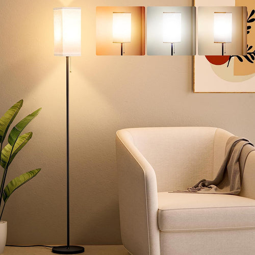 VENETIO Floor Lamps for Living Room Bedroom - 3 Color Temperature Black Standing Lamp with Pull Chain Switch, Modern Tall Lamp for Office Home Nursery and Hotel, Pole Lamp with Beige Lampshade for Reading ➡ B-00004