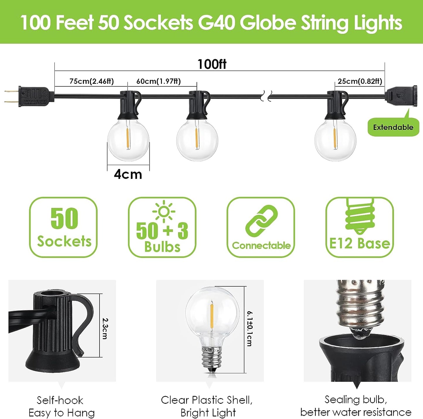 100ft Dimmable LED Outdoor String Lights Black Cord