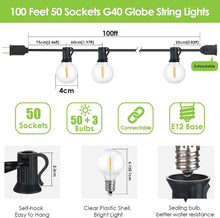 Charger l&#39;image dans la galerie, VENETIO 100Ft LED Outdoor String Lights Dimmable G40 Globe Patio Lights, Waterproof Hanging String Light with 50+3 Warm White Shatterproof Bulbs for Backyard, Bistro, Garden, Porch, Party-Black Cord ➡ OD-00012