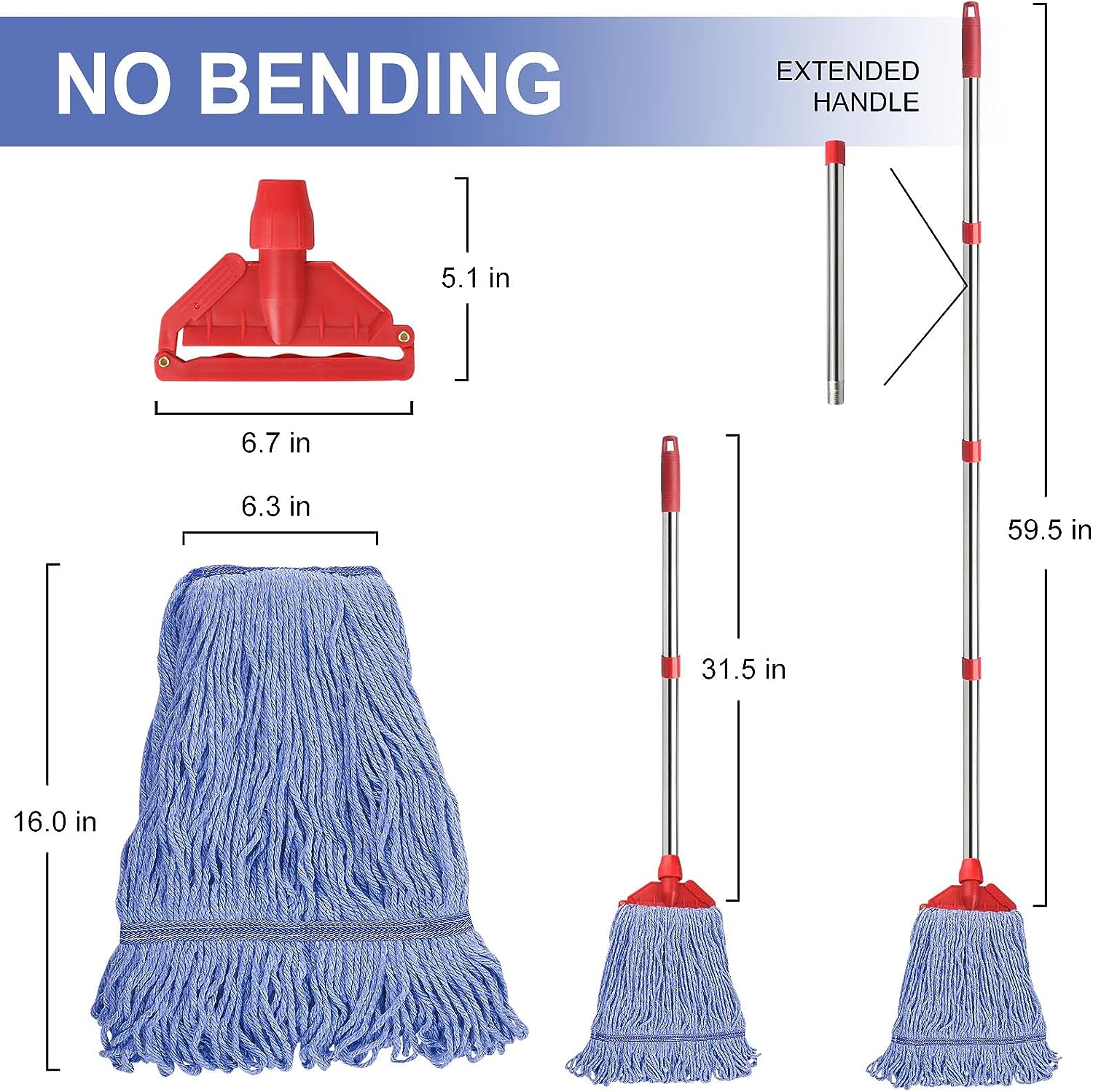 VENETIO ClassicCotton String Mop with 60" Mop Handle, Heavy Duty Industrial Cotton Mops for Floor Cleaning, Commercial Looped-End String Wet Mop for Home, Kitchen, Garage, Office, Workshop, Warehouse Concrete/Tile Floor ➡ CS-00032