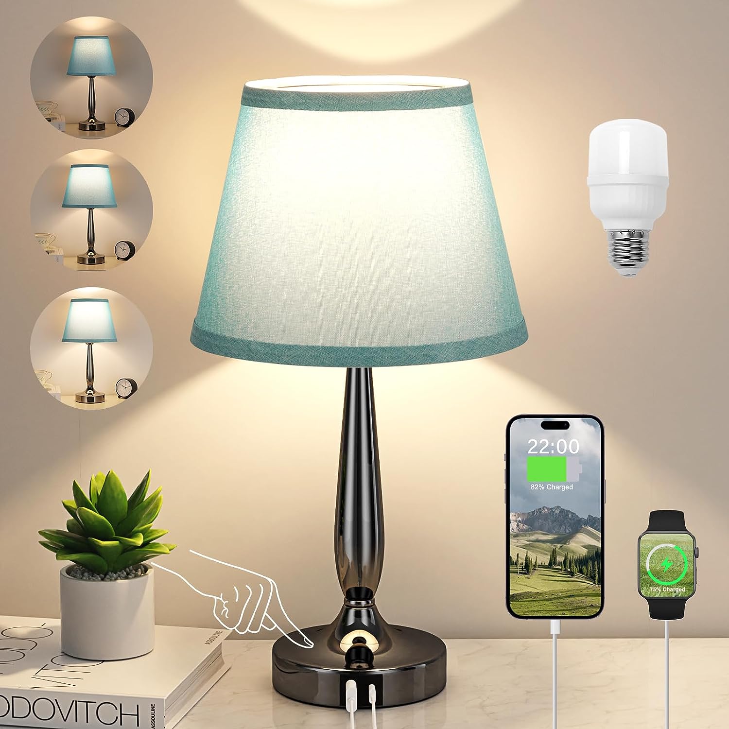 VENETIO Touch Table Lamp with USB Ports for Bedroom, Small Touch Bedside Lamp with USB C Charging Port, 3 Way Dimmable Touch Control Nightstand Lamp for Living Room and Office, LED Bulb Included ➡ B-00006