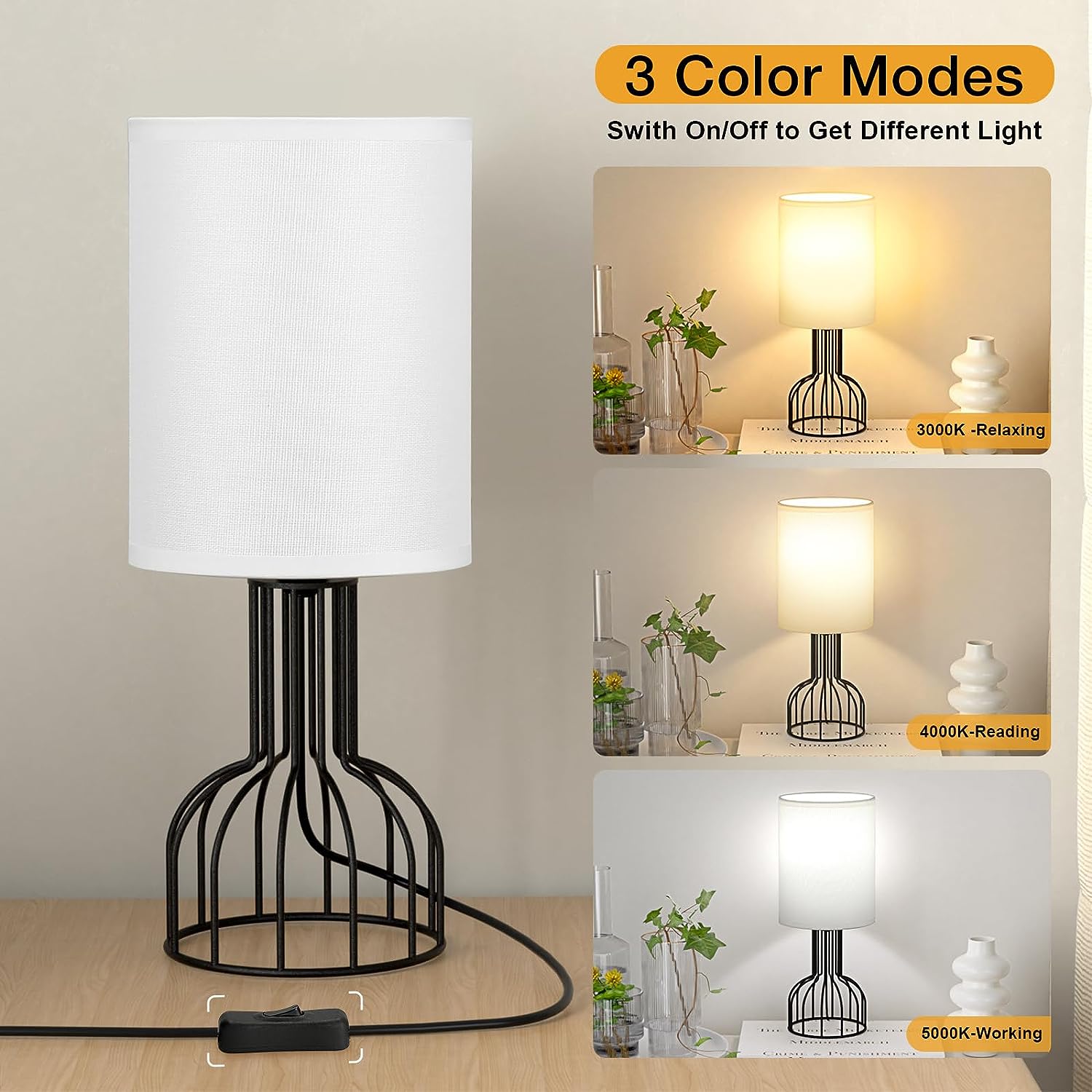VENETIO Beside Table Lamp for Bedroom - Small Lamp with 3 Color Modes-3000K-4000K-5000K Nightstand Lamp with Simple Black Metal Base and White Fabric Shade for Kids, Living Room，Bedroom (LED Bulb Included) ➡ B-00008
