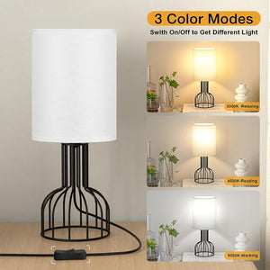 VENETIO Beside Table Lamp for Bedroom - Small Lamp with 3 Color Modes-3000K-4000K-5000K Nightstand Lamp with Simple Black Metal Base and White Fabric Shade for Kids, Living Room，Bedroom (LED Bulb Included) ➡ B-00008