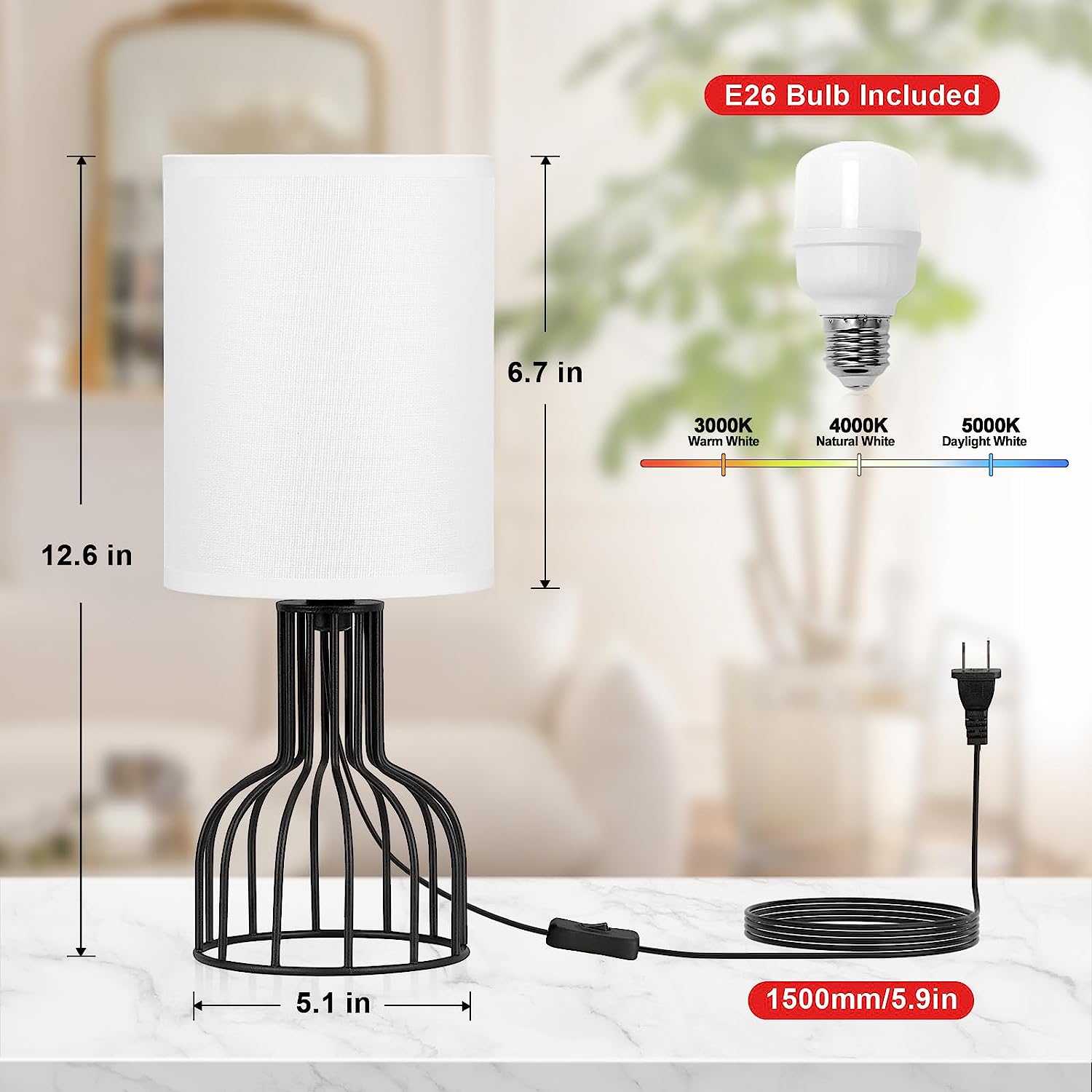 VENETIO Beside Table Lamp for Bedroom - Small Lamp with 3 Color Modes-3000K-4000K-5000K Nightstand Lamp with Simple Black Metal Base and White Fabric Shade for Kids, Living Room，Bedroom (LED Bulb Included) ➡ B-00008